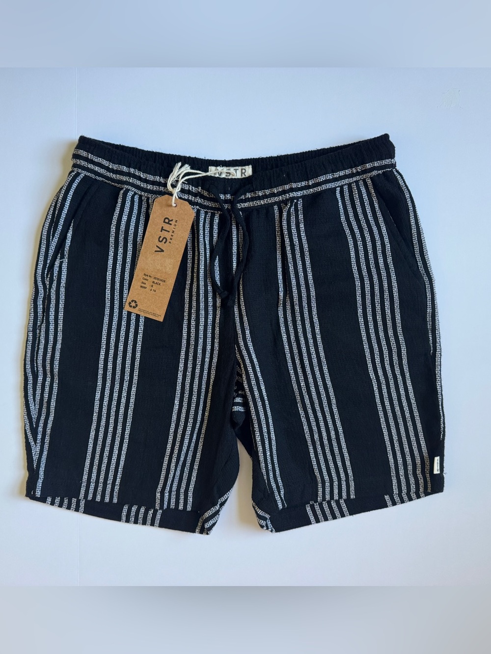 NWT VSTR men’s black textured woven shorts with white vertical stripes